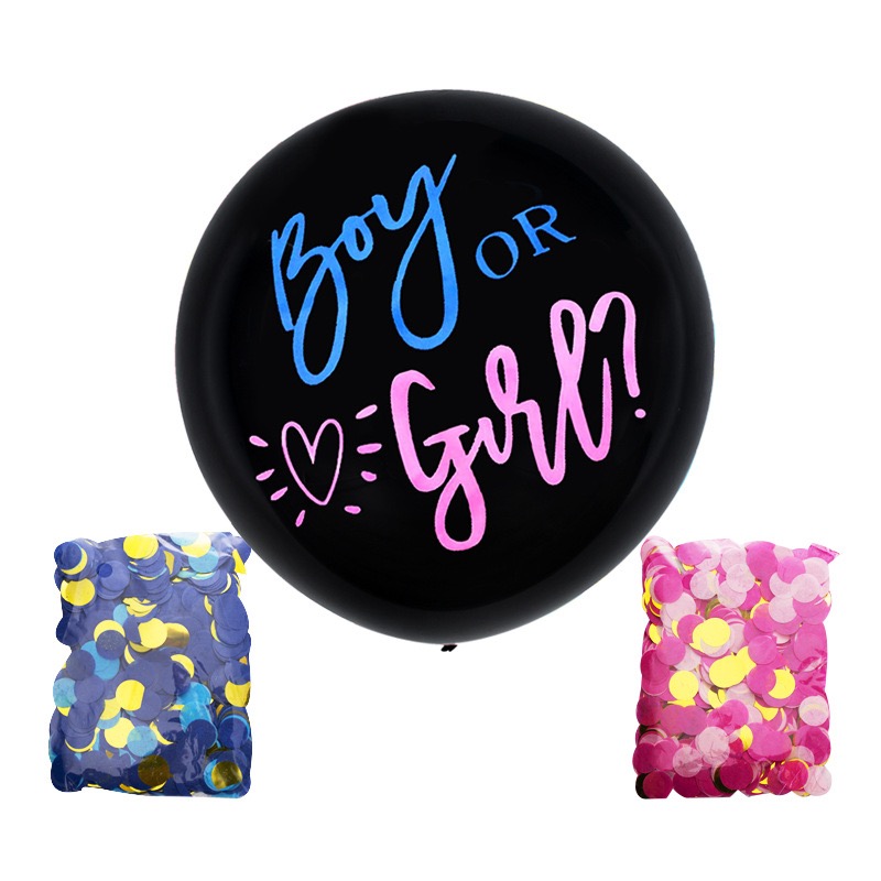 1ct, 36in, Boy Or Girl Printed Black Giant Latex Balloon With Pink And Blue Confetti