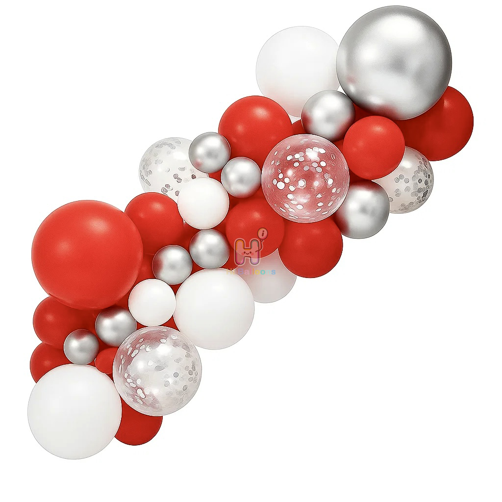 6-8FT, White,Red,Silver,Silver Confetti Christmas Latex Balloon Garland Kit