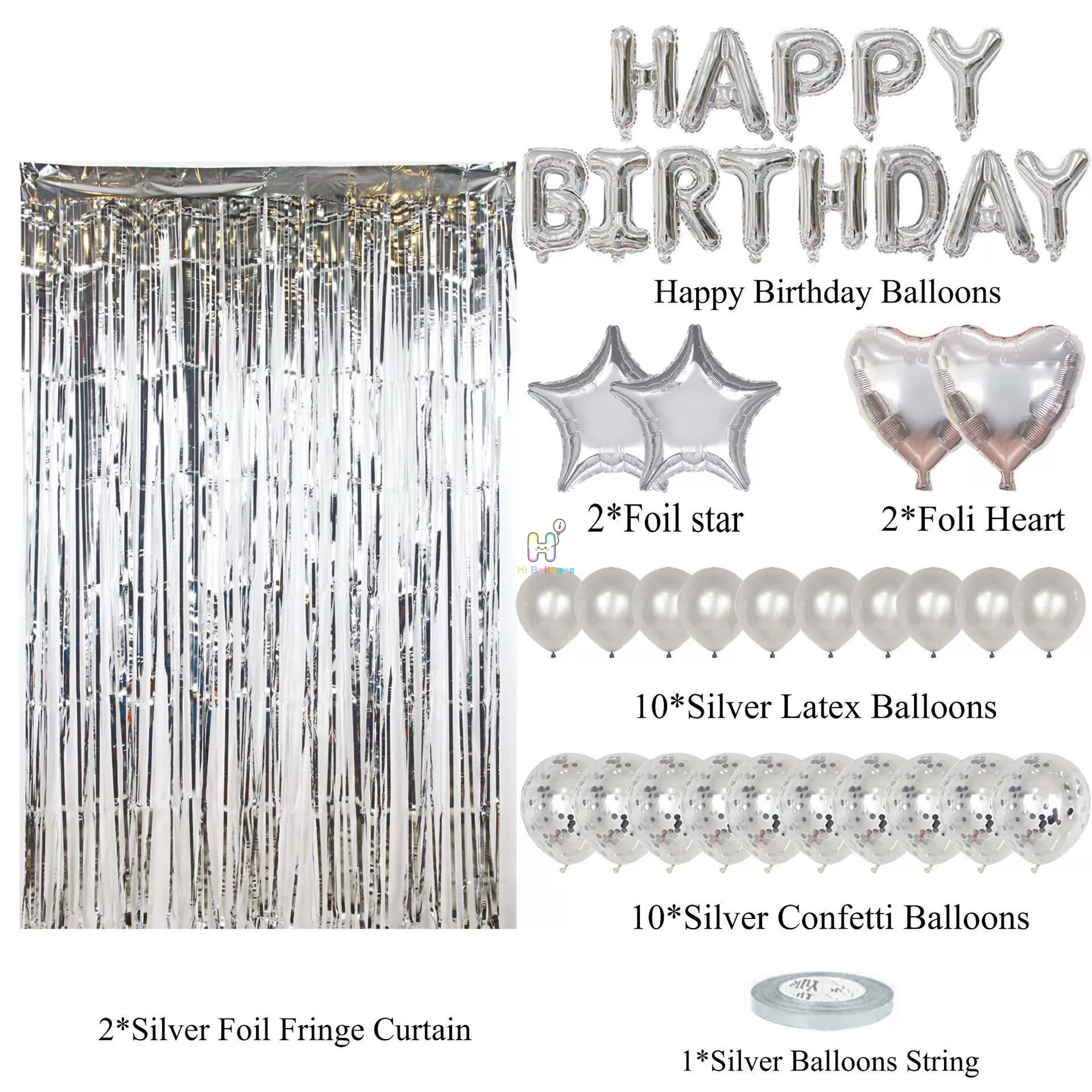 28ct, Silver, Balloon Kit With Foil Curtains for Birthday
