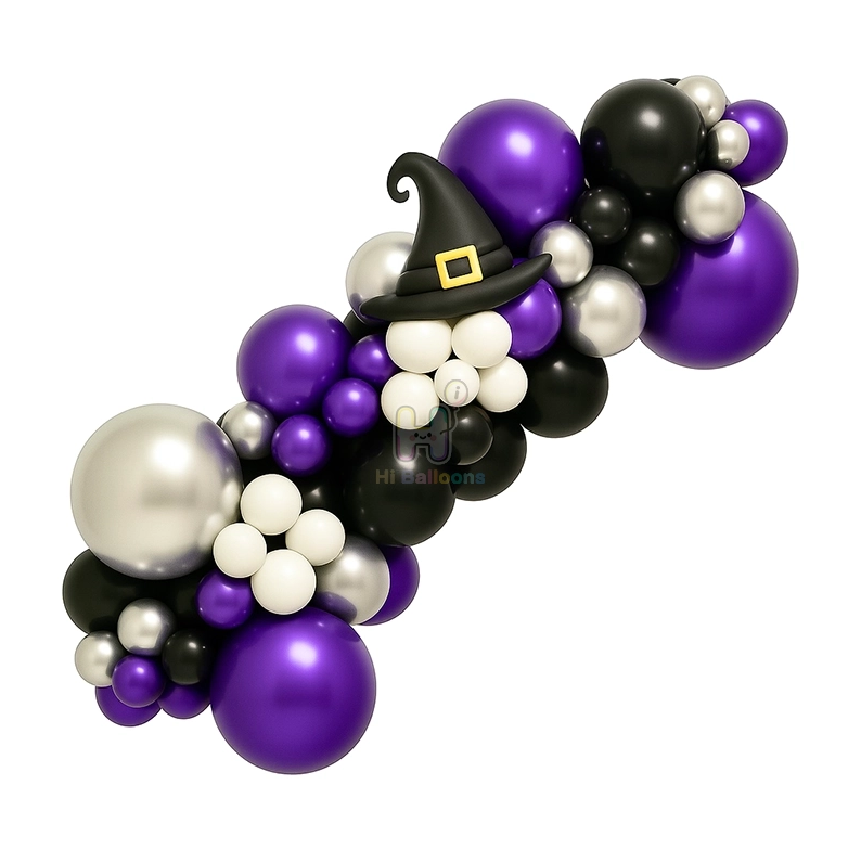 6 FT, Purple,Black,White,Silver, Halloween Balloon Garland Kit With Witch Hat Balloon