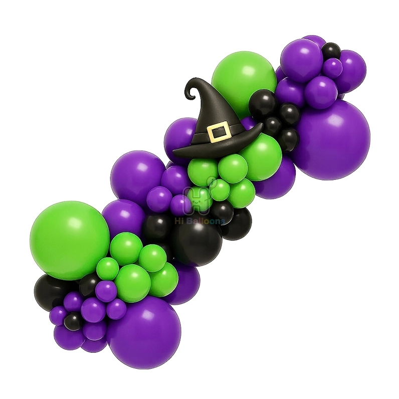 6 FT, Purple,Black,Apple Green, Halloween Balloon Garland Kit With Witch Hat Balloon