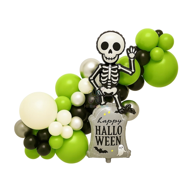 6 FT, Apple Green,Black,White,Silver, Halloween Balloon Garland Kit With Skull and Tombstone Foil Balloon