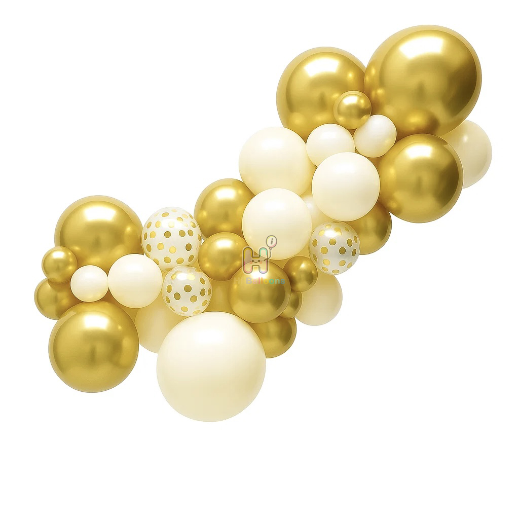 6 FT, White,Gold,Gold Confetti, Latex Balloon Garland Kit