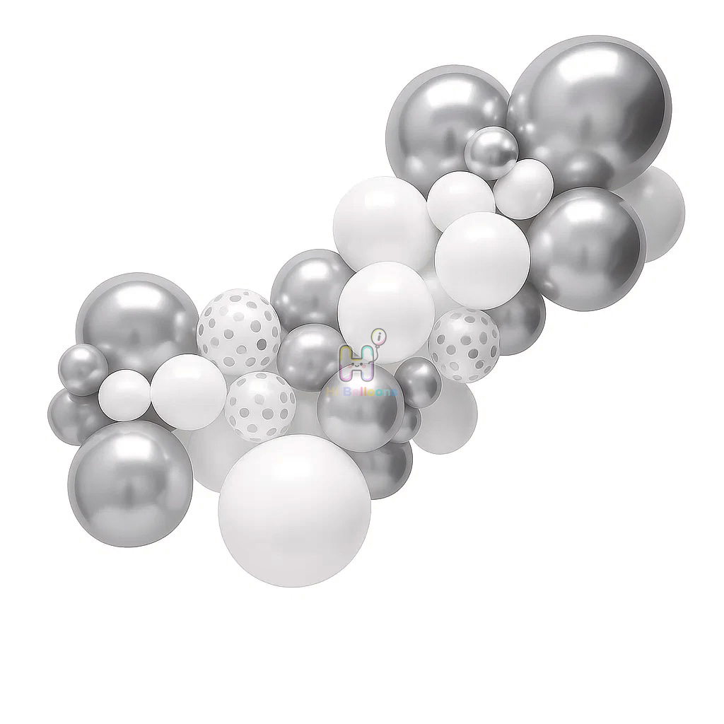 6 FT, White,Silver,Silver Confetti, Latex Balloon Garland Kit