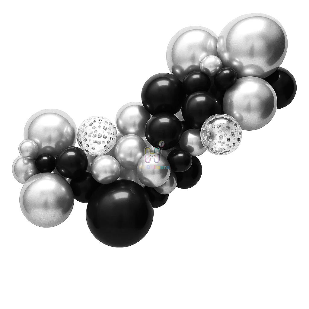 6 FT, Black,Silver,Silver Confetti, Latex Balloon Garland Kit