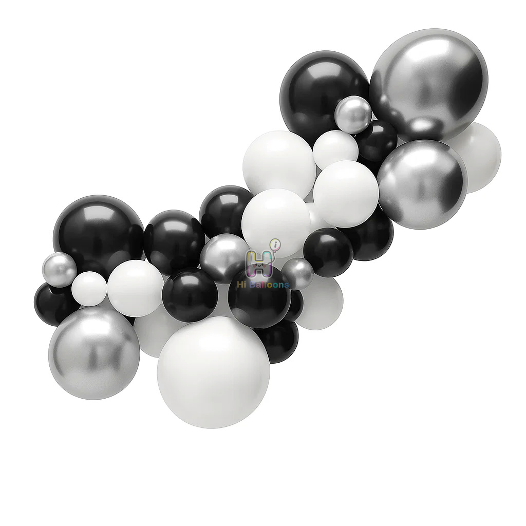 6 FT, White,Black,Silver, Latex Balloon Garland Kit