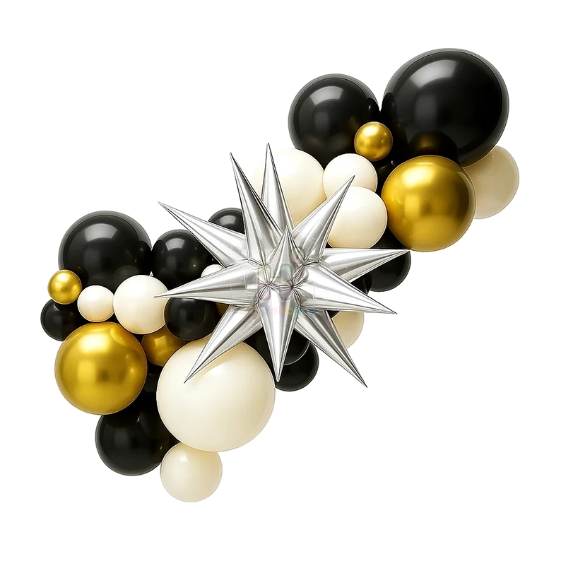 6 FT,Black,White,Gold Balloon Garland Kit With Silver Unassembled Bursting Star