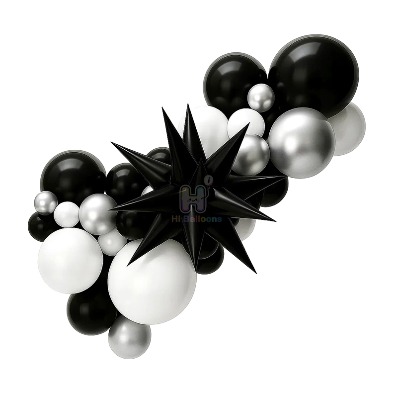 6 FT,Black,White,Silver Balloon Garland Kit With Black Unassembled Bursting Star