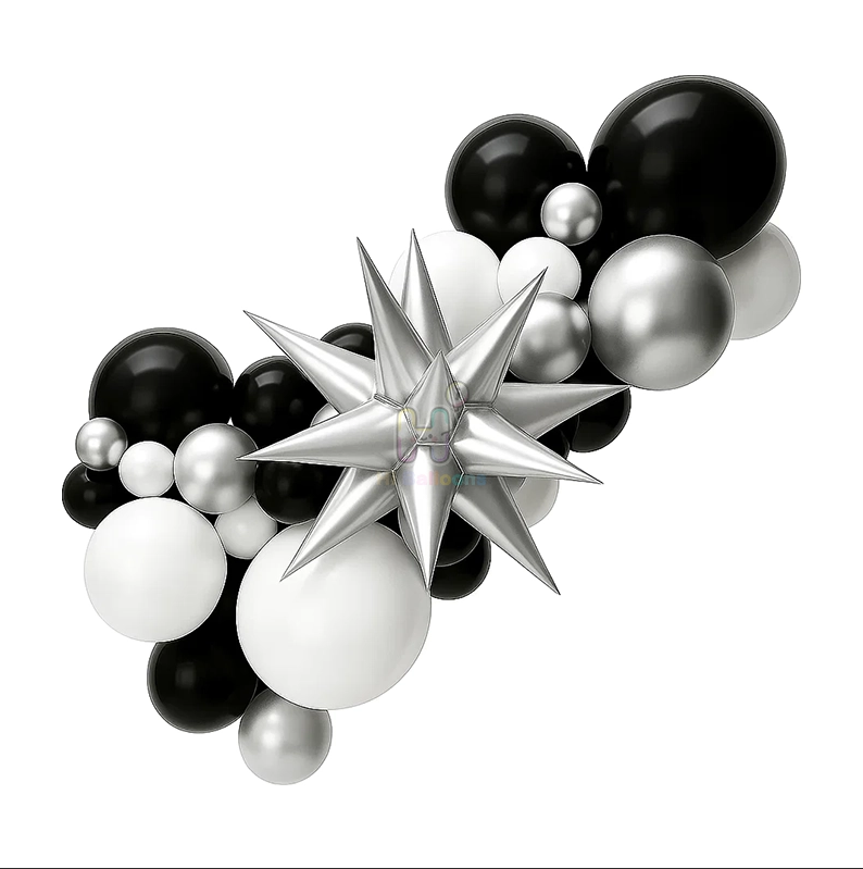 6 FT,Black,White,Silver Balloon Garland Kit With Silver Unassembled Bursting Star