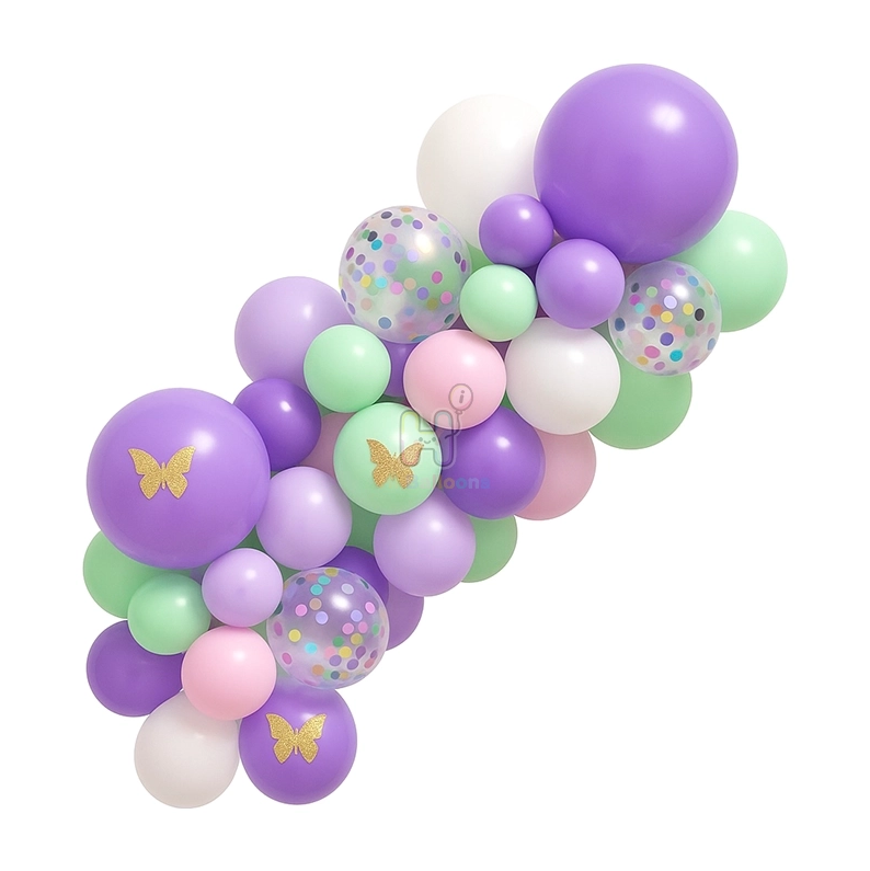 6 FT, Purple,Baby Pink,Pastel Green, Confetti Balloon Garland Kit With 3D Butterfly Stickers