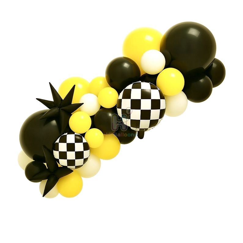 6 FT,Black,White,Yellow, Racing Theme Balloon Garland Kit With Checkered Foil Balloons