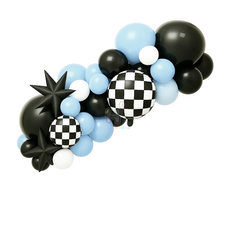 6 FT, Black,White,Pastel Blue, Racing Theme Balloon Garland Kit With Checkered Foil Balloons