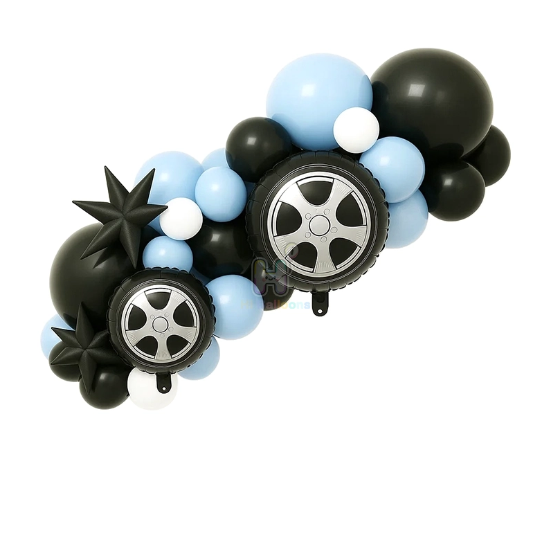 6 FT,Black,White,Pastel Blue, Racing Theme Balloon Garland Kit With Tires Foil Balloon