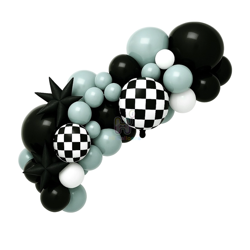 6 FT, Black,White,Vintage Ink Green, Racing Theme Balloon Garland Kit With Checkered Foil Balloons