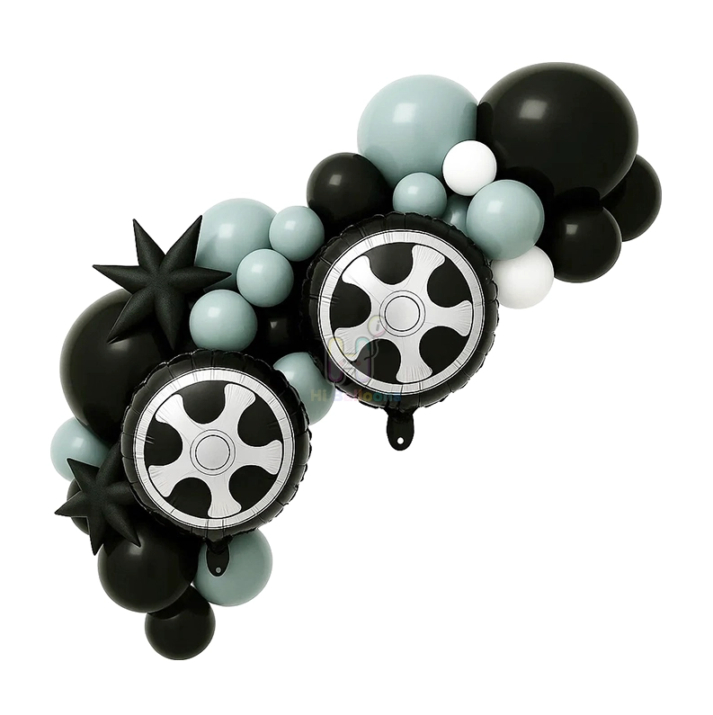 6 FT,Black,White,Vintage Ink Green, Racing Theme Balloon Garland Kit With Tires Foil Balloon