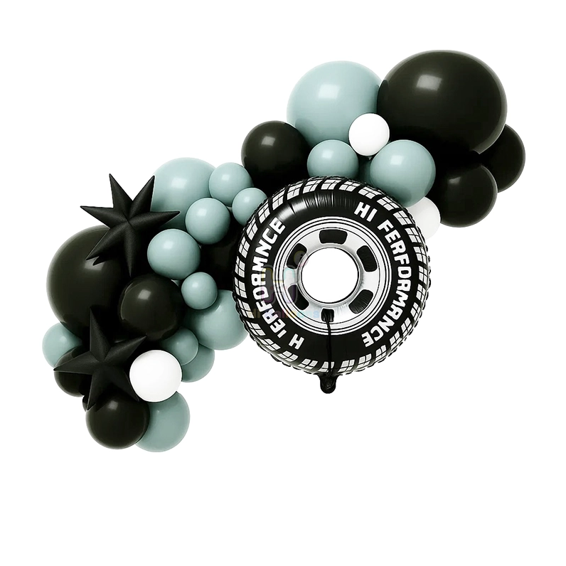 6 FT,Black,White,Vintage Ink Green, Racing Theme Balloon Garland Kit With A Tire Foil Balloon