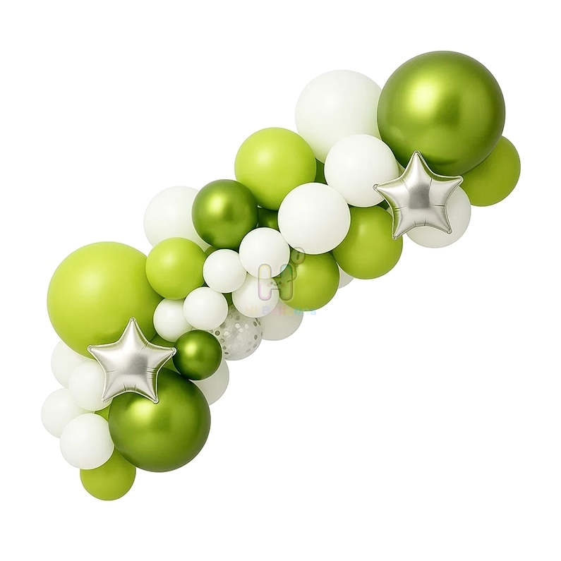 6 FT,Apple Green,Grass Yellow,White,Silver Confetti Balloon Garland Kit With Star Foil Balloons