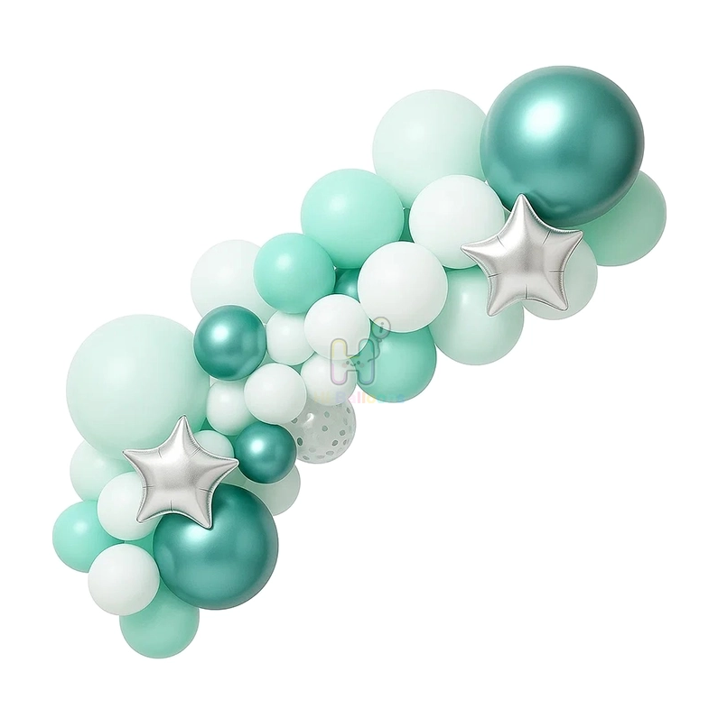 6 FT,Metallic Green,Tiffany Blue,White,Silver Confetti Balloon Garland Kit With Star Foil Balloons